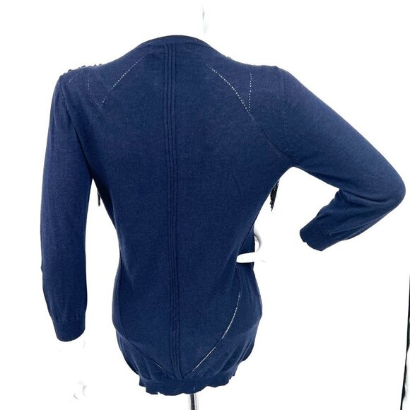 AnnaRita N Knit Couture Blue Pullover Sweater with Beaded Shoulders Chain Fringe - Picture 3 of 9